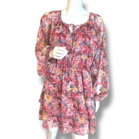 Peach Love California Floral Long Sleeve Chiffon Dress. Junior Size Large - Picture 1 of 8